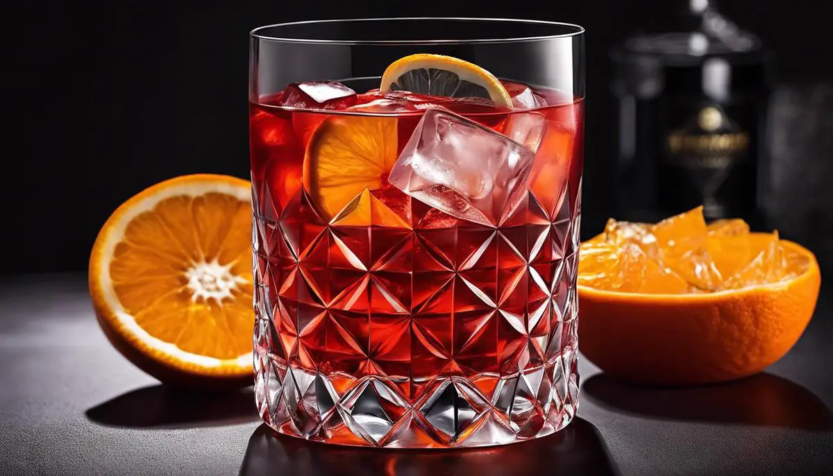 A delicious Negroni cocktail served in a glass with ice and garnished with an orange peel twist