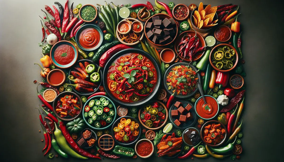 A colorful array of dishes showcasing the versatility of New Mexican chiles, from sauces and marinades to chocolate treats