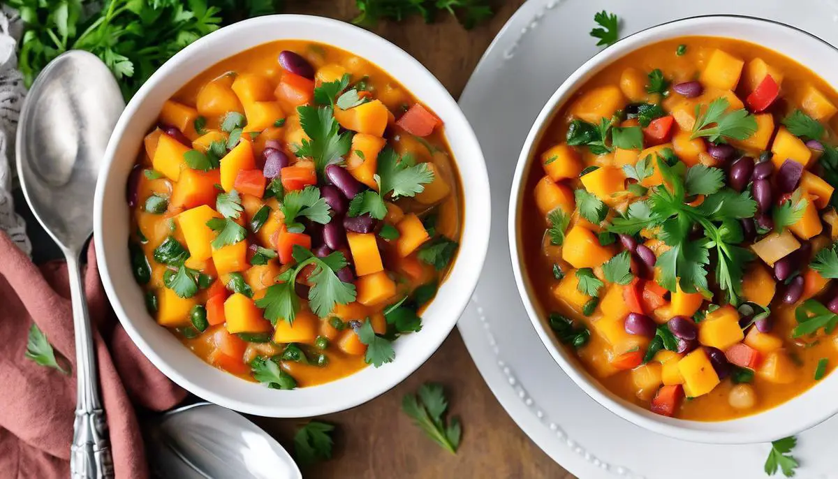 A delicious bowl of butternut beans filled with colorful ingredients and garnished with fresh parsley.