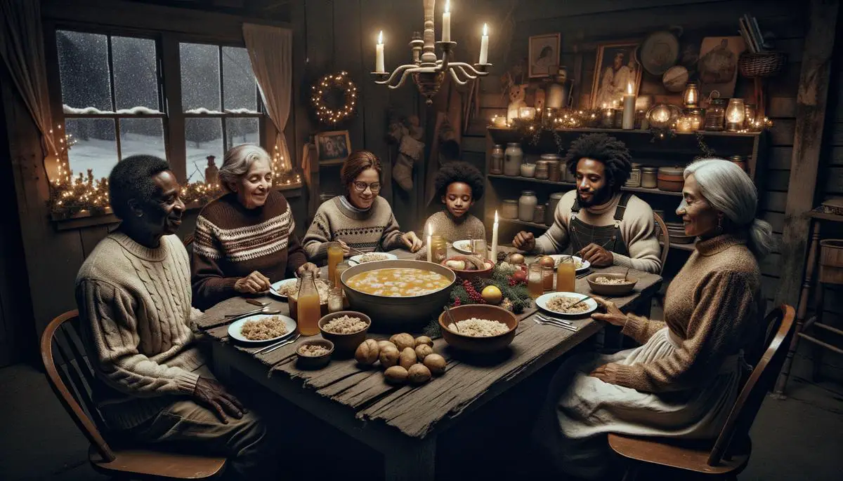 A family gathered around a rustic wooden table, enjoying a hearty meal of slumgullion together on a cozy winter evening