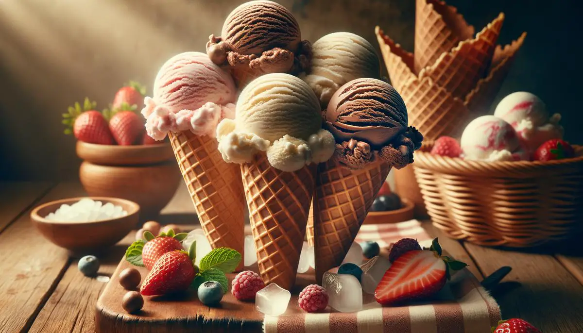 A selection of classic ice cream flavors, including vanilla, chocolate, and strawberry, served in traditional waffle cones and evoking a sense of nostalgia and comfort.