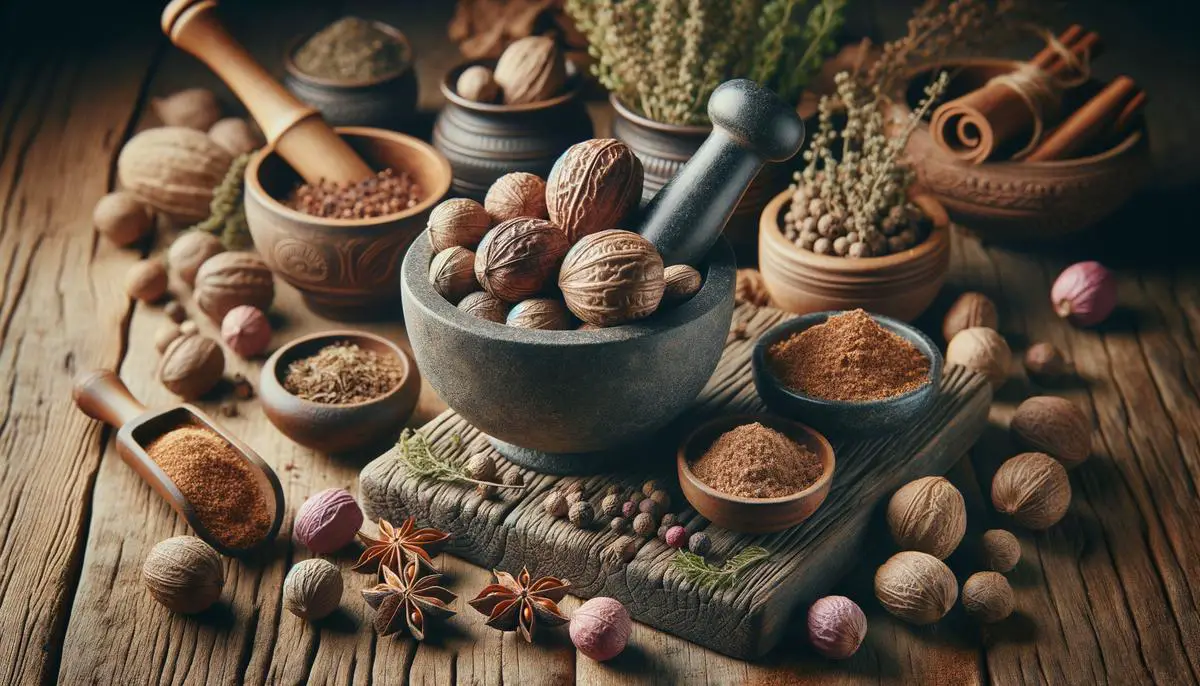 Nutmeg seeds and powder alongside traditional medicinal herbs