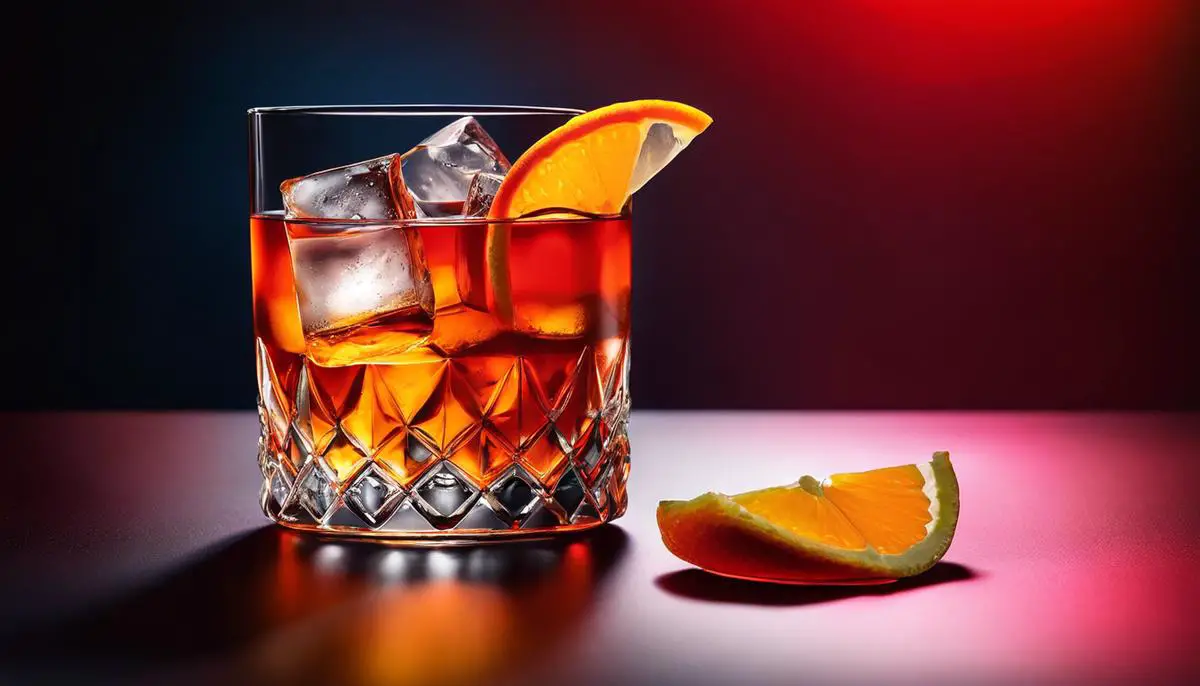 An image of a classic Old Fashioned cocktail with an orange twist, served in a whiskey glass with a red background.