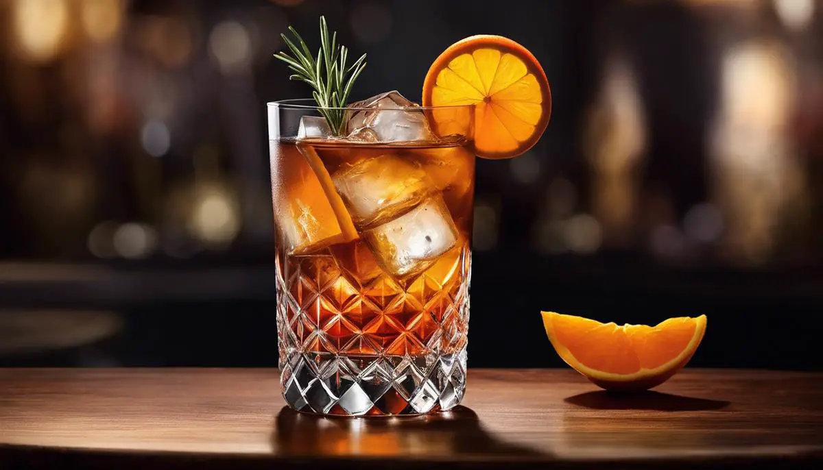 A glass filled with an Old Fashioned cocktail, garnished with an orange peel and a sprig of rosemary.