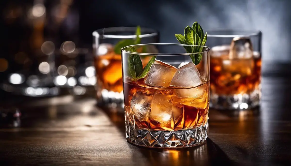 A close-up image of an Old Fashioned cocktail, with a garnish and ice cubes, in a classic glass.