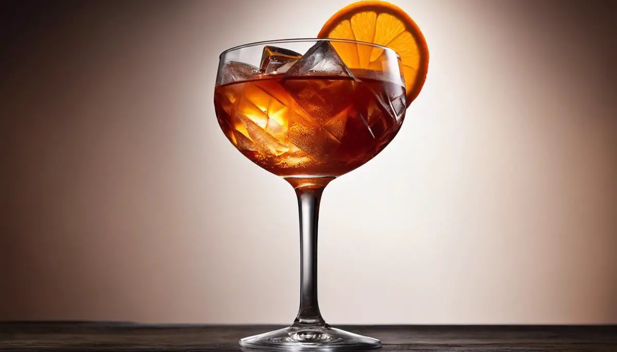 A close-up image of an Old Fashioned cocktail with a garnish of orange twist and a prominent glass filled with the amber-colored drink.