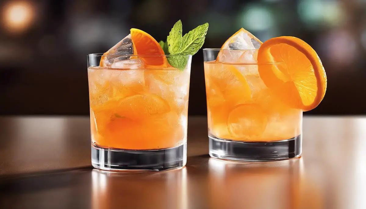 A refreshing orange drink with an orange slice garnish and ice cubes