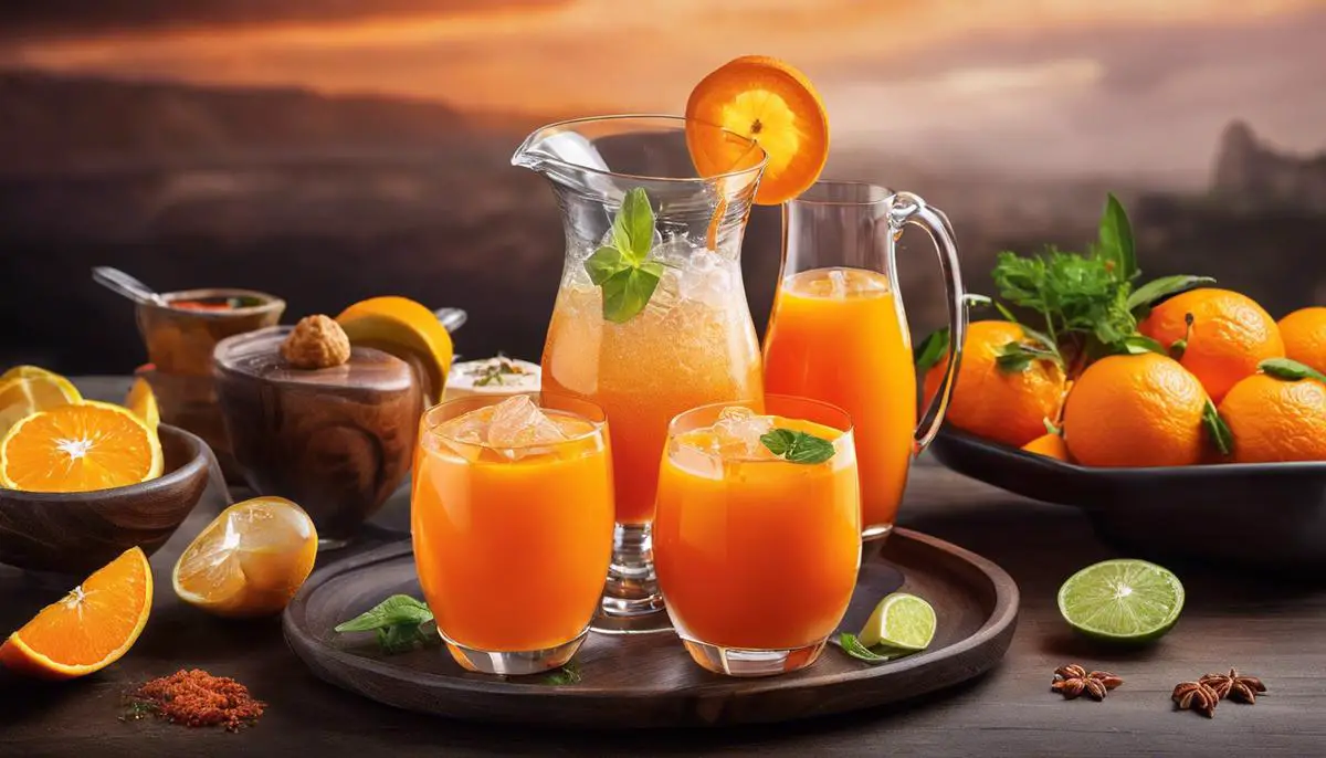 Image of various orange drinks paired with different dishes representing global cuisine