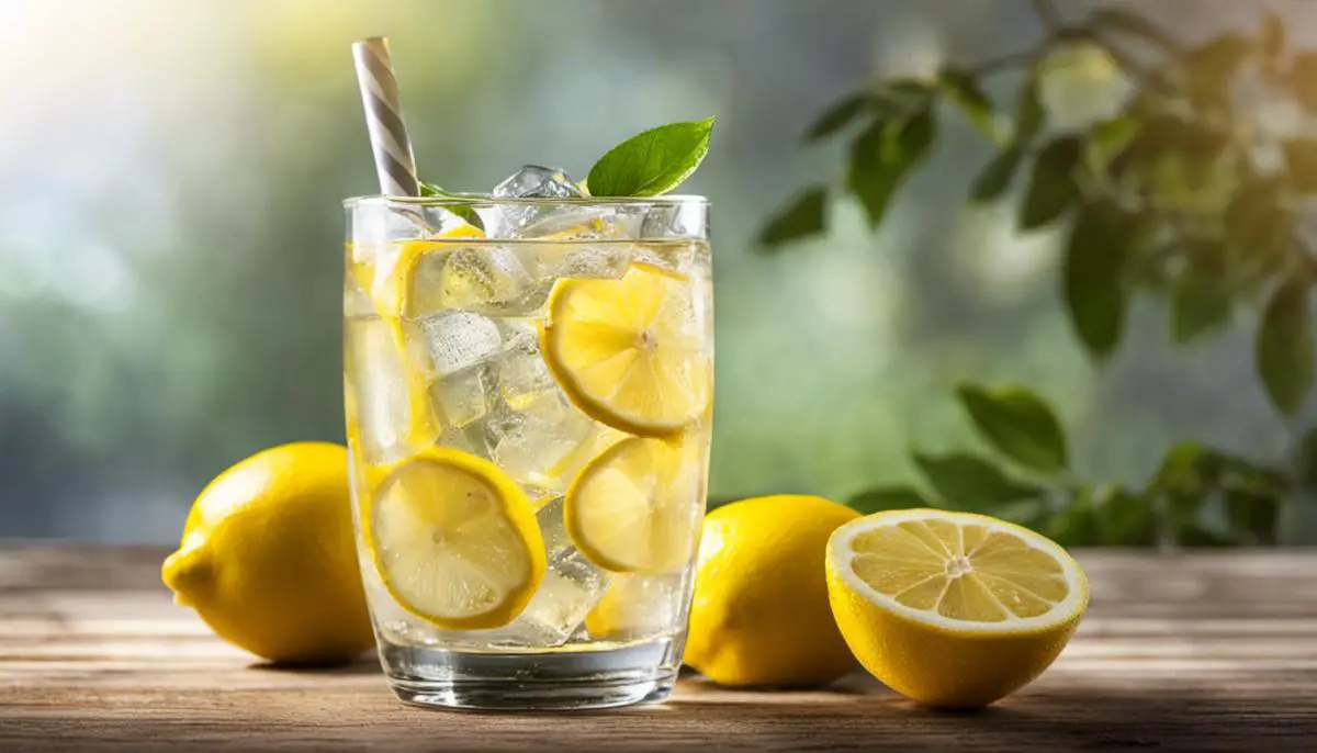 A refreshing glass of organic soft drink with ice and a slice of lemon.