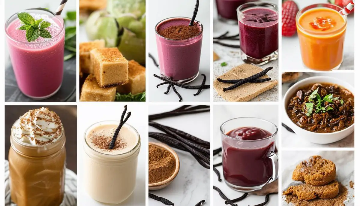 A collage of various dishes and beverages featuring organic vanilla bean powder, such as smoothies, baked goods, and savory sauces.