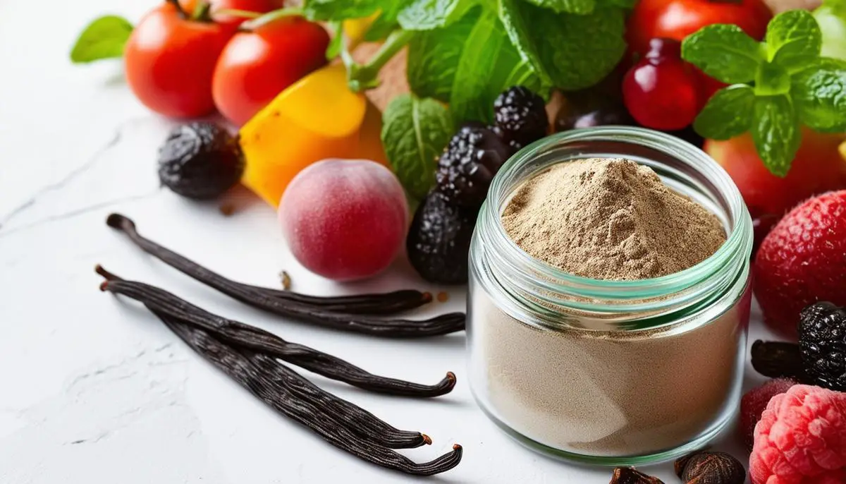 A still life composition of organic vanilla bean powder in a glass jar, surrounded by antioxidant-rich fruits and vegetables.