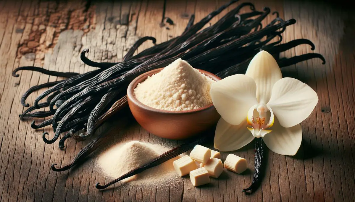 A collection of organic vanilla beans, a bowl of vanilla bean powder, and a vanilla orchid flower arranged on a wooden surface.
