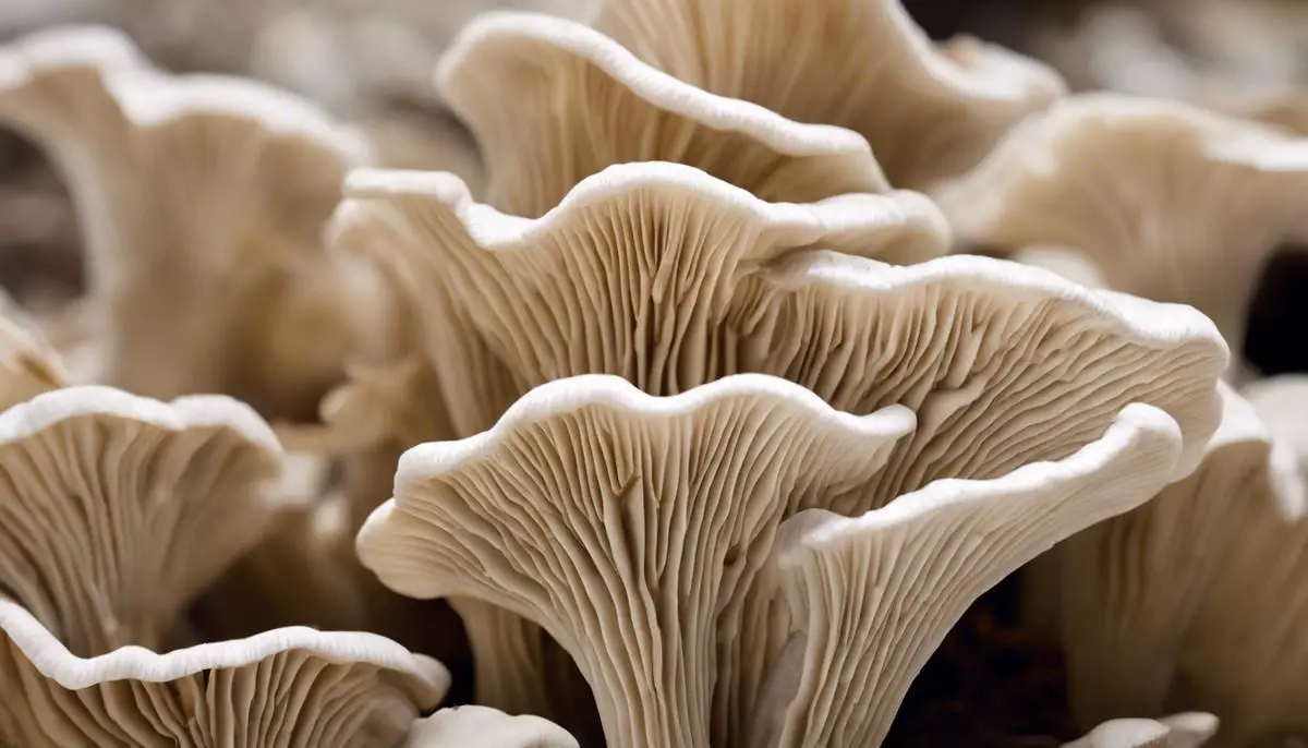 Close-up of an oyster mushroom cap, showing its smooth, fan-like shape