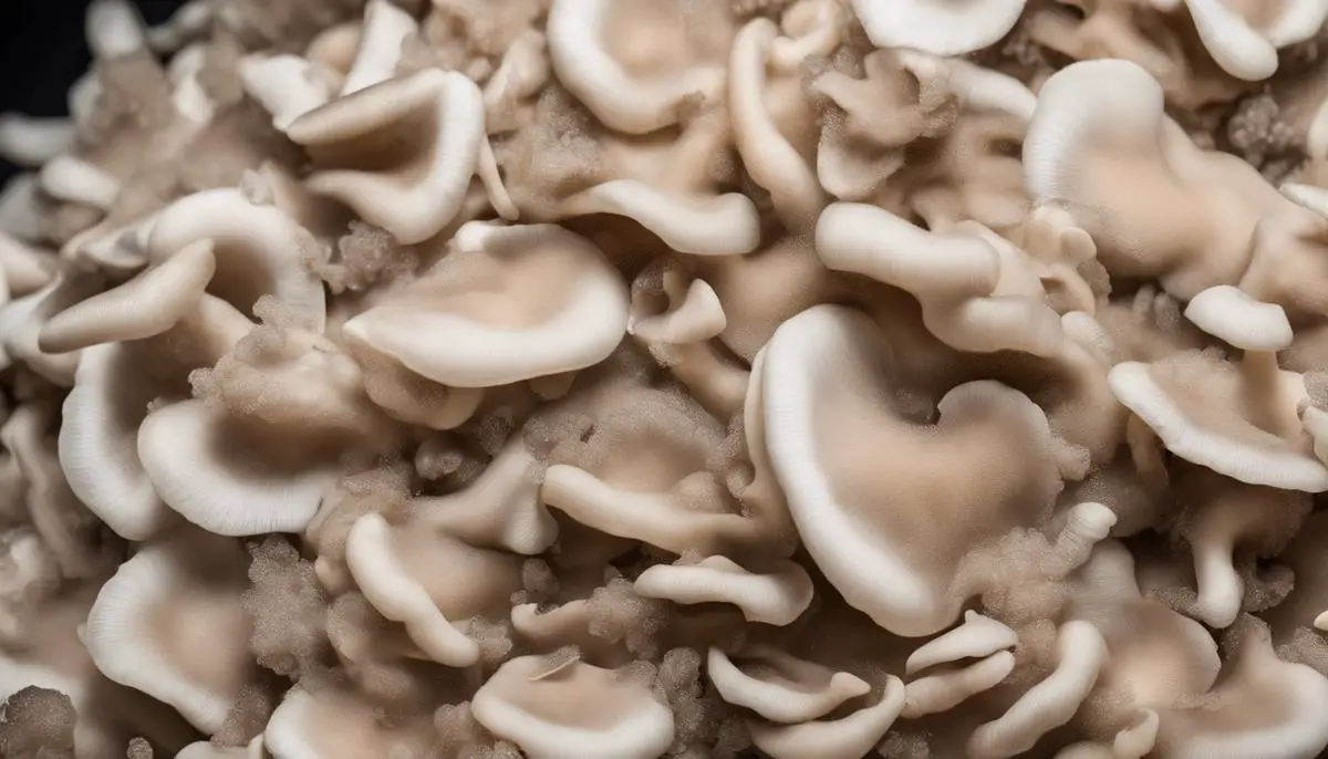 Close-up of oyster mushroom spawn mixed with a growth medium