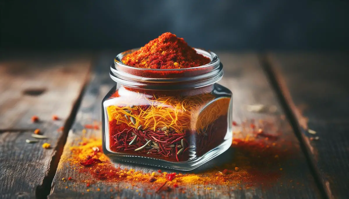 A glass jar filled with a colorful paella spice blend, showcasing the vibrant hues of saffron, paprika, and turmeric