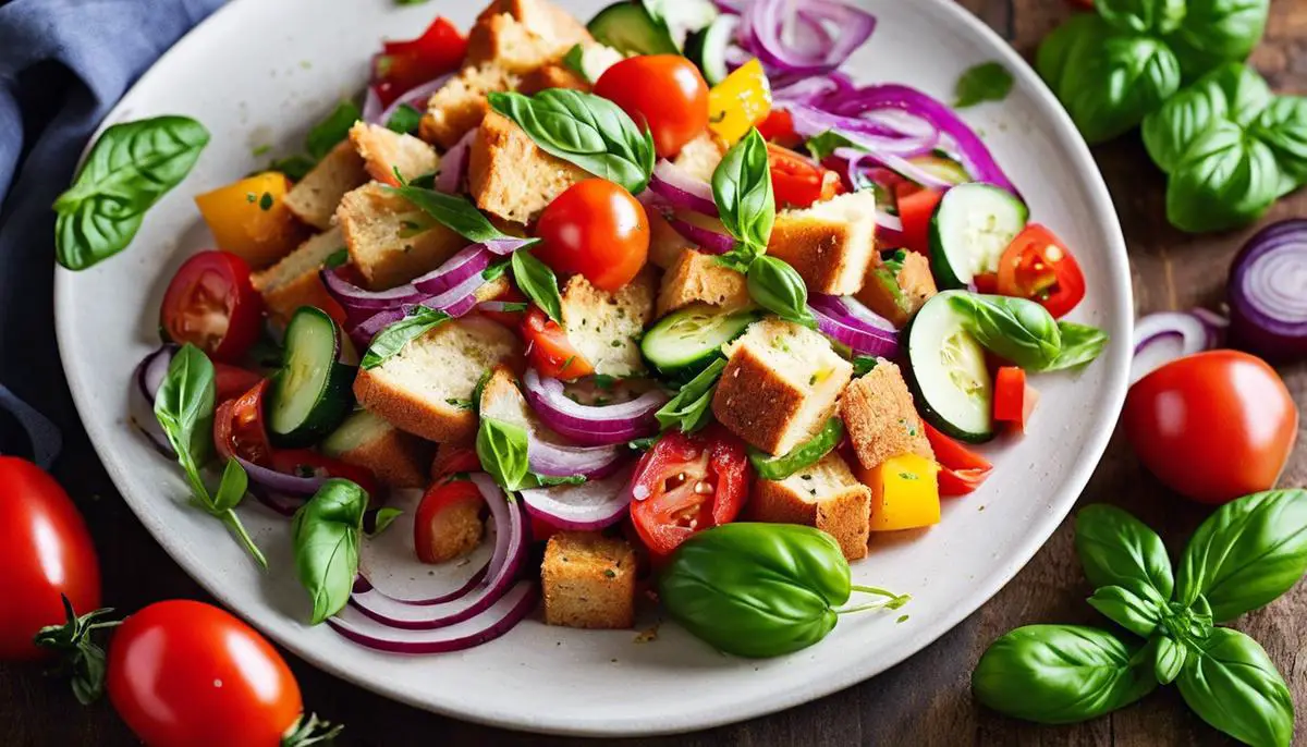 A plate of Panzanella salad featuring vibrant colors and a mix of bread, tomatoes, basil, red onion, cucumbers, and bell peppers.