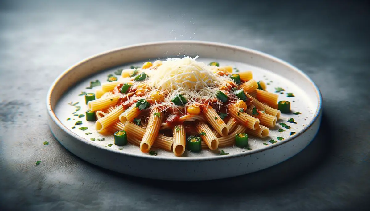 A beautifully plated dish of perfectly cooked pasta, topped with a savory sauce and freshly grated cheese
