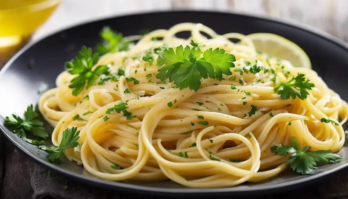 A close-up image of a plate of pasta with lemon and garlic sauce, garnished with parsley.