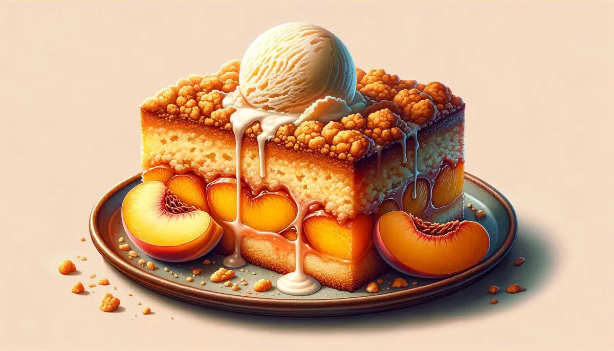 A delicious peach dump cake with a golden crumble topping, served warm with a scoop of vanilla ice cream on a plate
