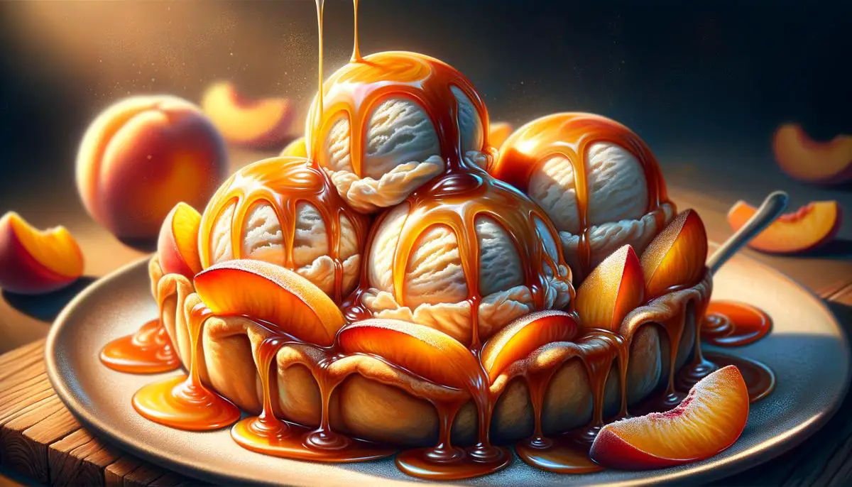 A delicious plate of peach dumplings with a golden crust, topped with a scoop of vanilla ice cream and drizzled with caramel sauce