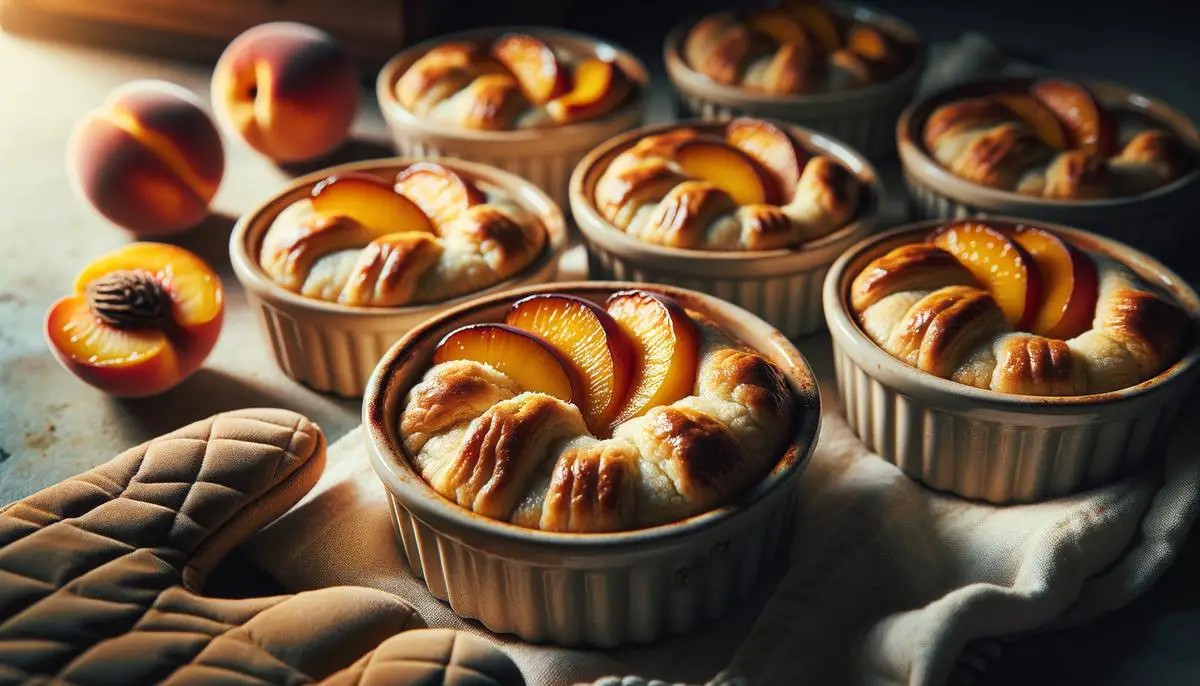 Image of perfectly baked mini peach cobbler crusts, golden brown and flaky