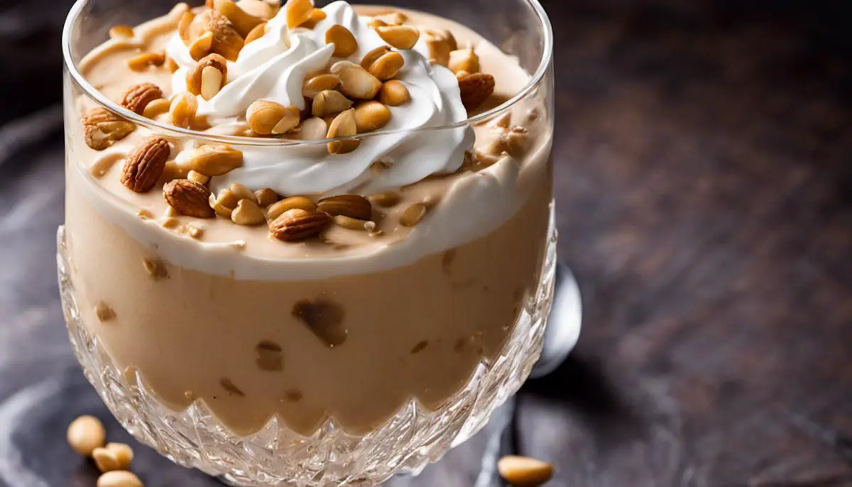 A glass of Peanut Punch with a dollop of whipped cream and crushed peanuts on top, showcasing its creaminess and nuttiness.