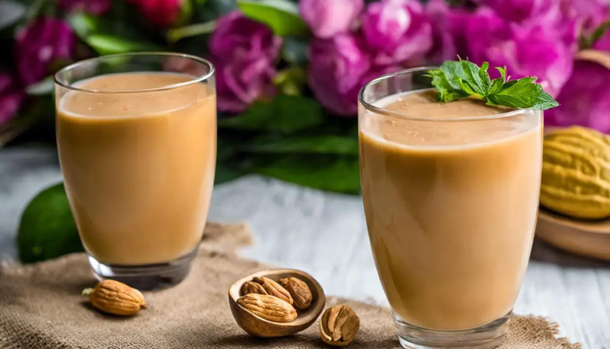 A glass of Peanut Punch, a rich and creamy Caribbean drink with a beautiful nutty aroma.