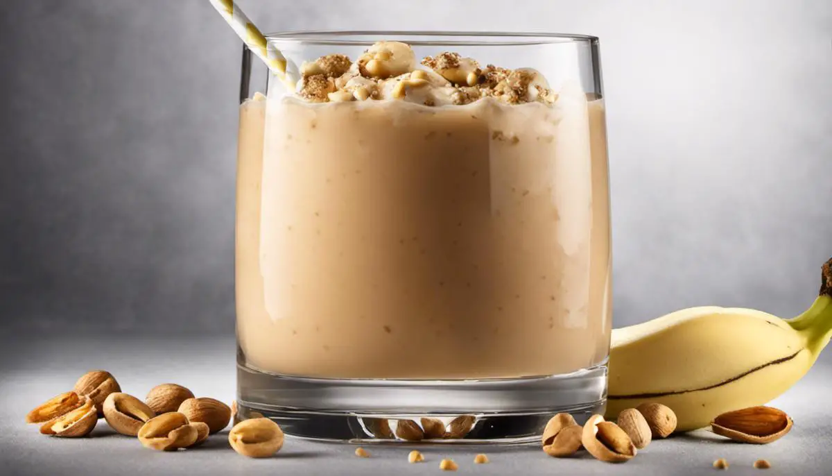 A glass filled with a creamy Peanut Punch garnished with crushed peanuts on top, served with a straw and a slice of banana on the side.