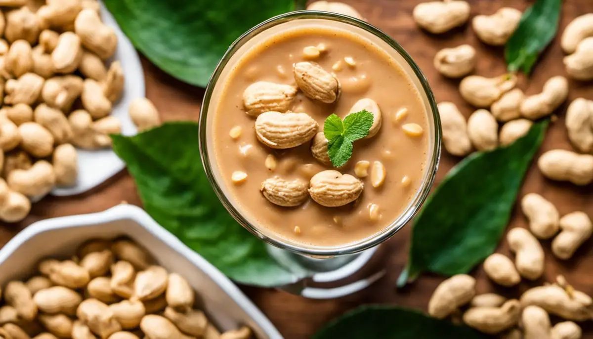 A refreshing glass of Peanut Punch with bits of peanut on top and a green leaf beside it, showcasing its creamy and nutty flavors.