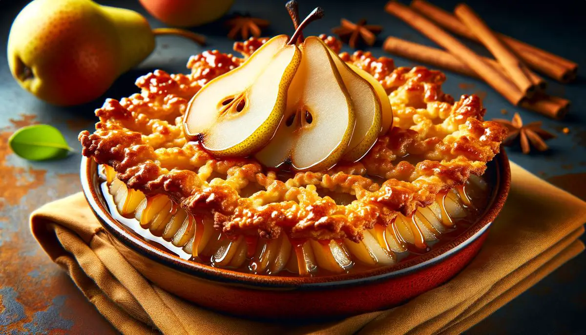 A delicious pear crisp dessert with a golden-brown crispy topping and bubbling, spiced pear filling