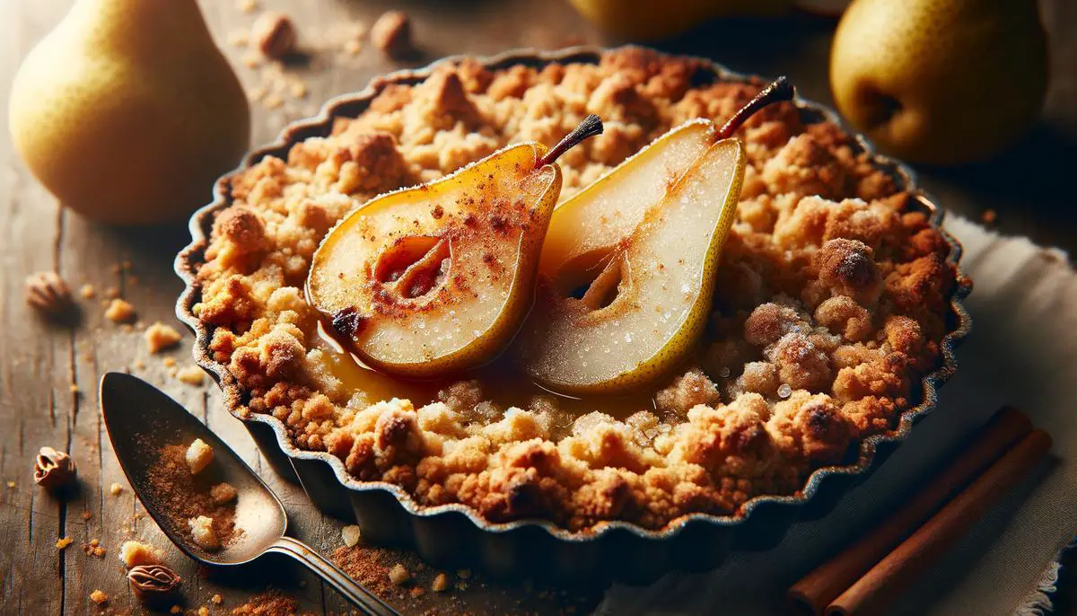 A delicious pear crisp fresh out of the oven, with golden, crumbly topping and tender, sweet pear slices underneath
