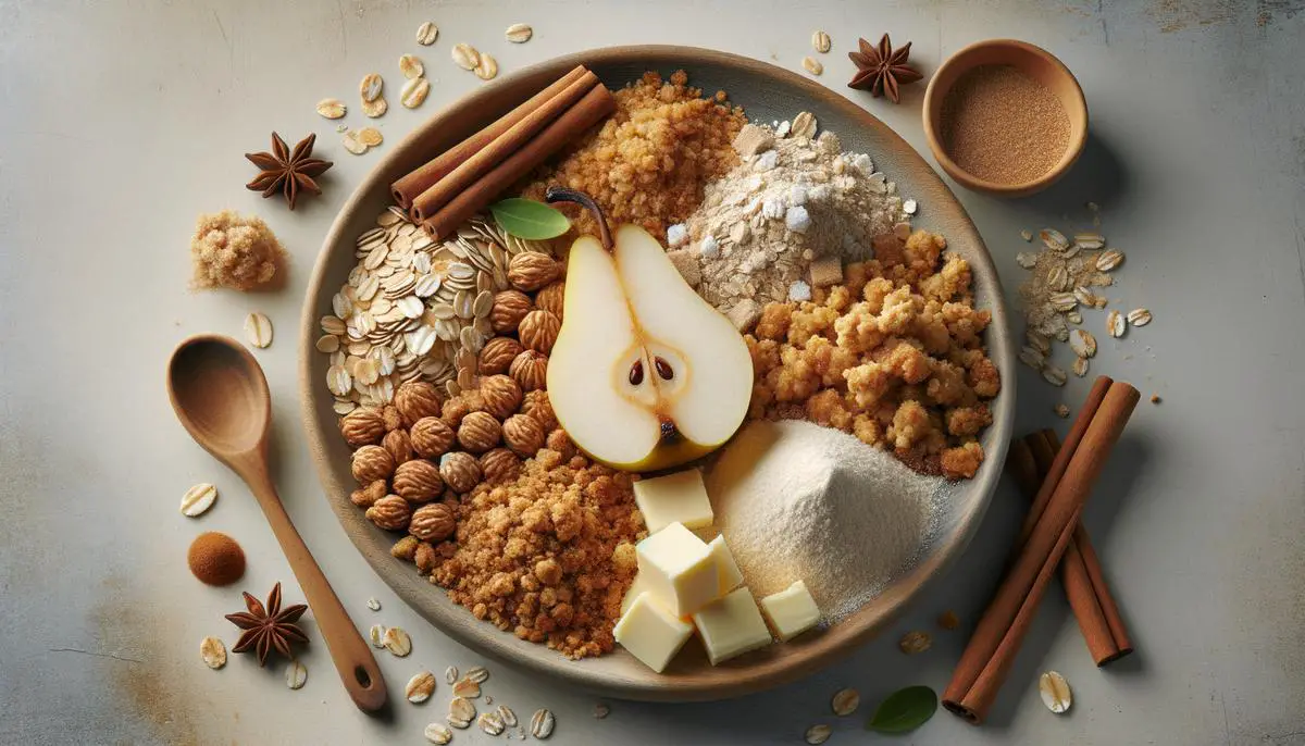 A close-up image of a crumble topping for a pear crisp, showing a mix of oats, flour, brown sugar, cinnamon, and chunks of butter or coconut oil