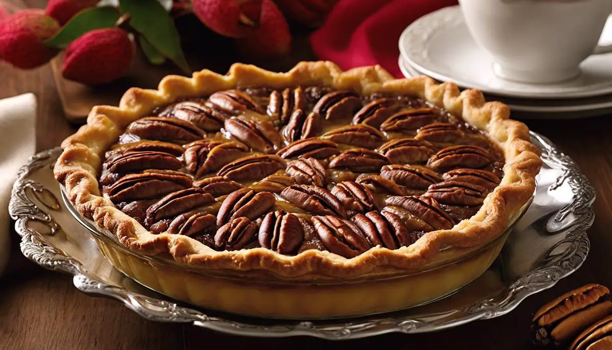 A scrumptious pecan pie with a perfect crust and a filling that is dreamily custardy with pecans cradled on top.