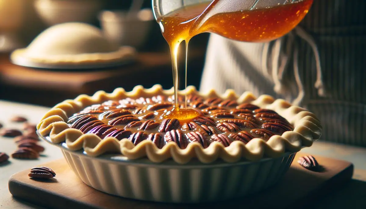 A delicious pecan pie filling being poured into a pie crust, ready for baking