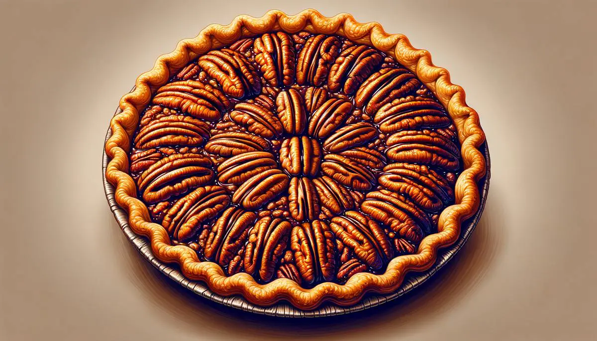 A delicious pecan pie with a golden crust and gooey filling, topped with whole pecans for decoration