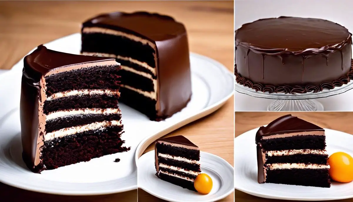 A delicious slice of Belgian chocolate cake with a rich chocolate ganache frosting on top.