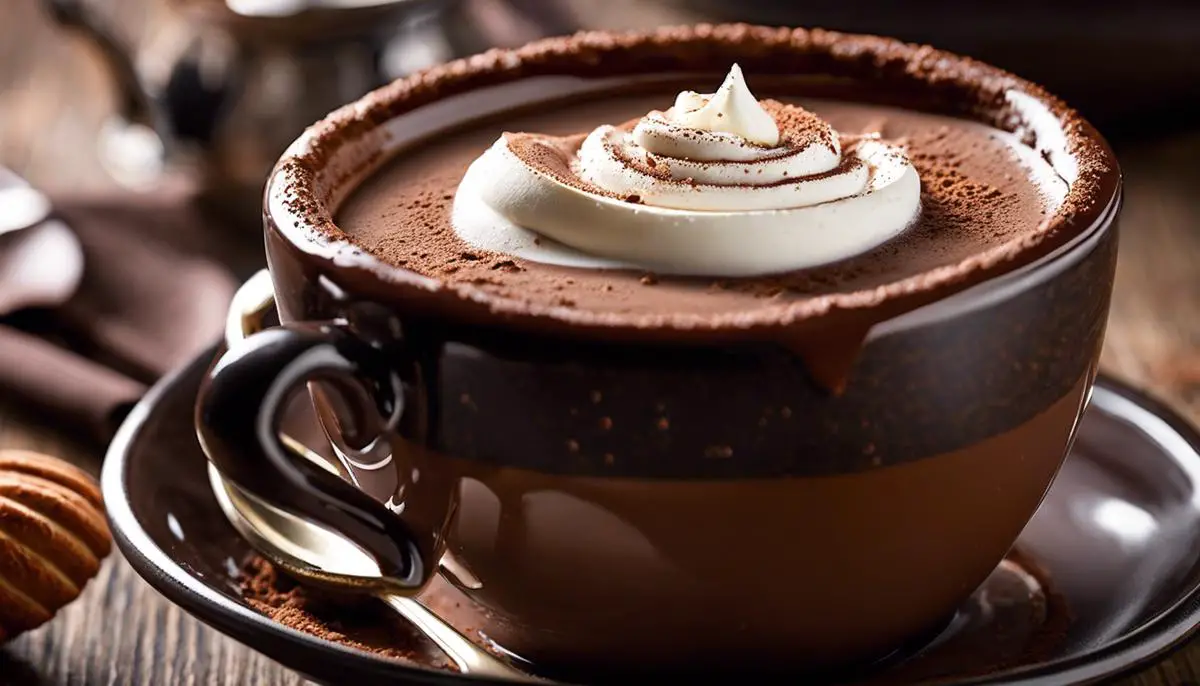 A perfectly crafted cup of Italian hot chocolate, topped with a decadent swirl of whipped cream and dusted with cocoa powder.