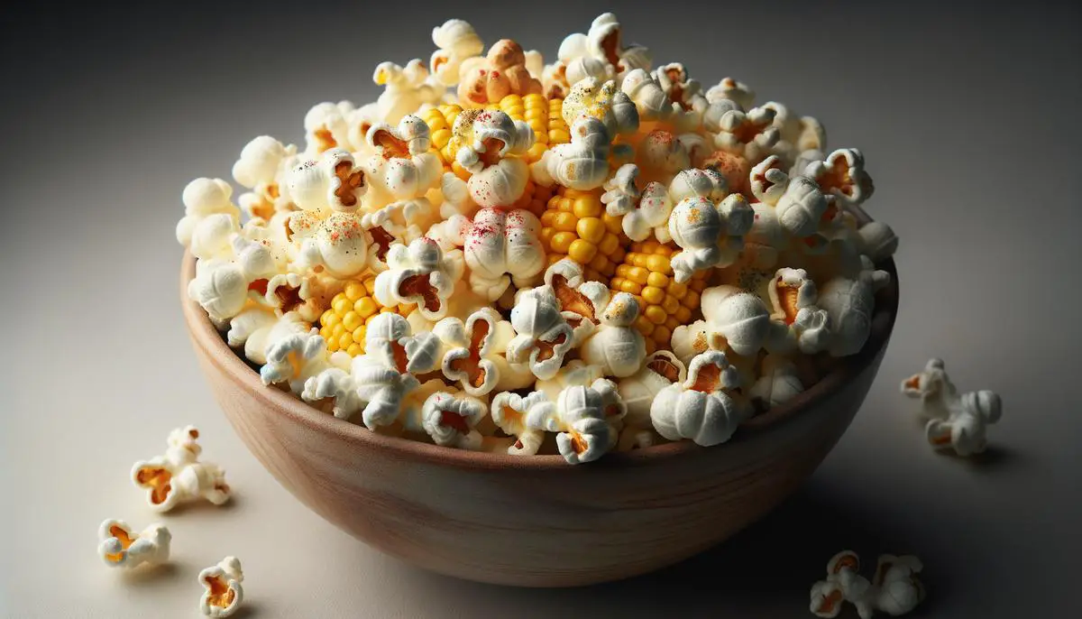 A bowl of perfectly popped popcorn with different colored kernels, drizzled with oil and sprinkled with seasoning