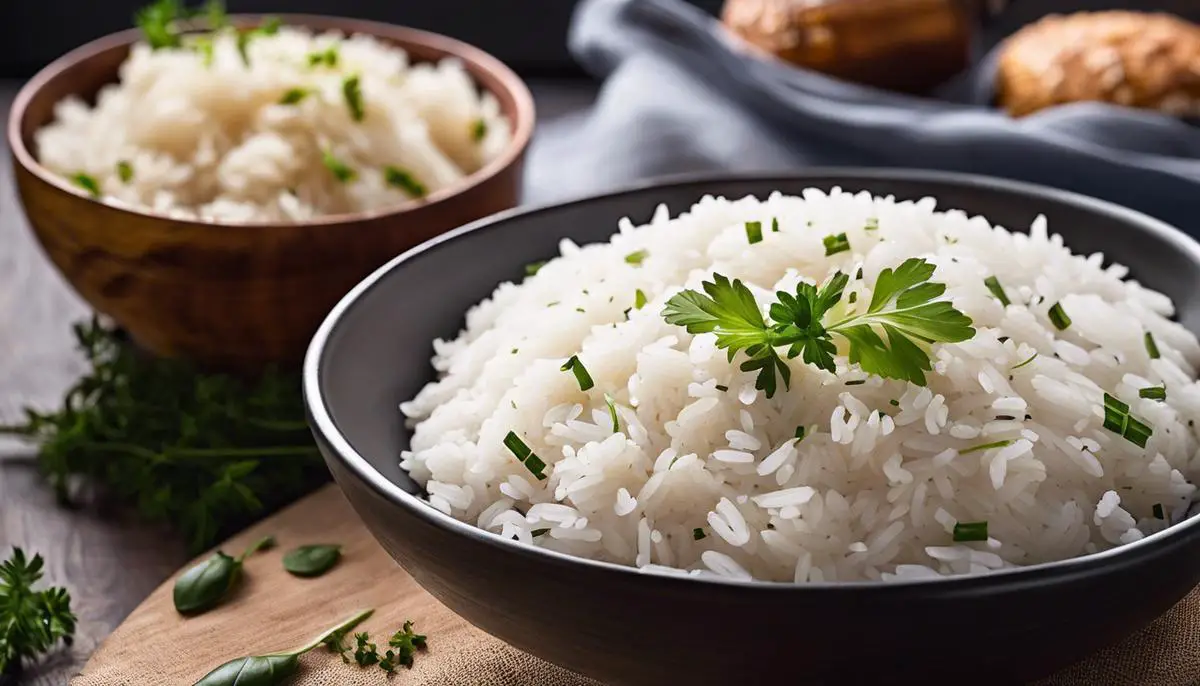 A bowl of perfectly cooked rice garnished with herbs, serving as a delicious accompaniment to a Mediterranean feast.