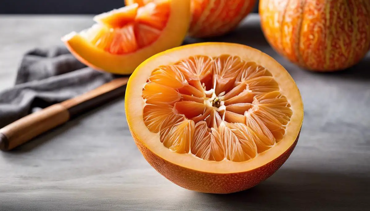 A ripe Persian melon, showing its vibrant orange flesh and unique pattern on the skin.