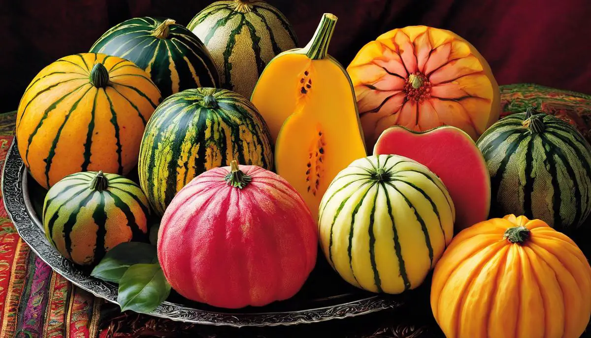 A variety of Persian melons displayed on a platter with vibrant colors and unique textures