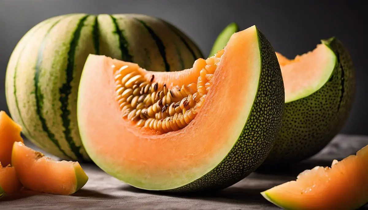 A close-up image of a ripe, juicy Persian melon with dashes instead of spaces.
