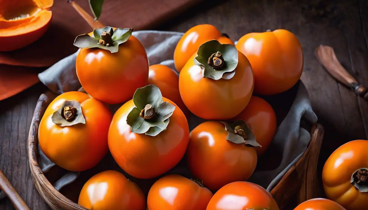 A close-up image of persimmons, showcasing their vibrant orange color and smooth skin.