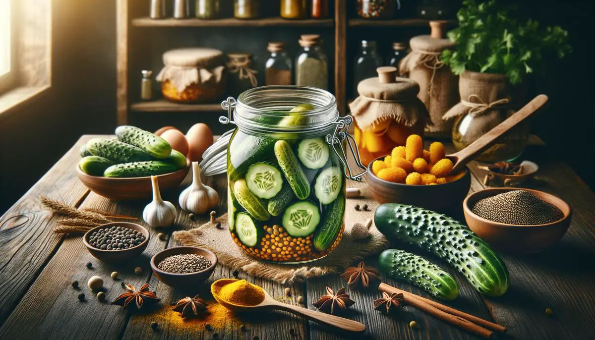 A jar of homemade bread and butter pickles surrounded by fresh cucumbers, mustard seeds, turmeric, and other spices on a wooden kitchen table