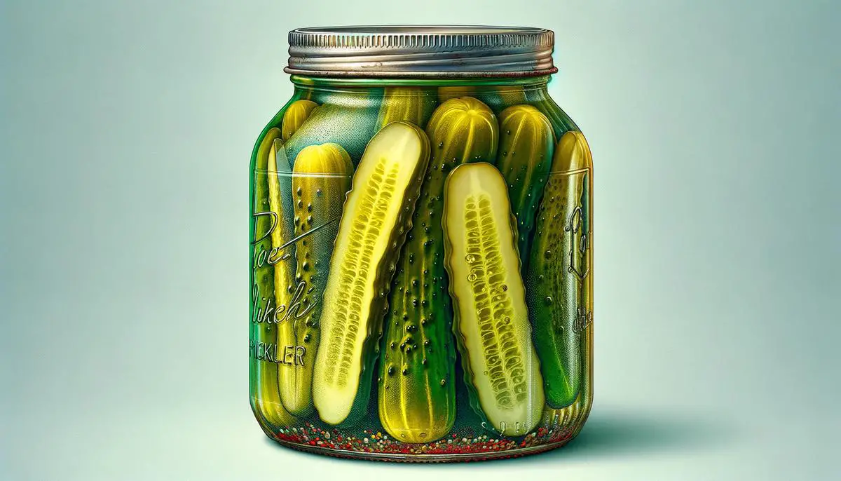 A realistic image of a jar filled with homemade bread and butter pickles, sealed and ready for storage