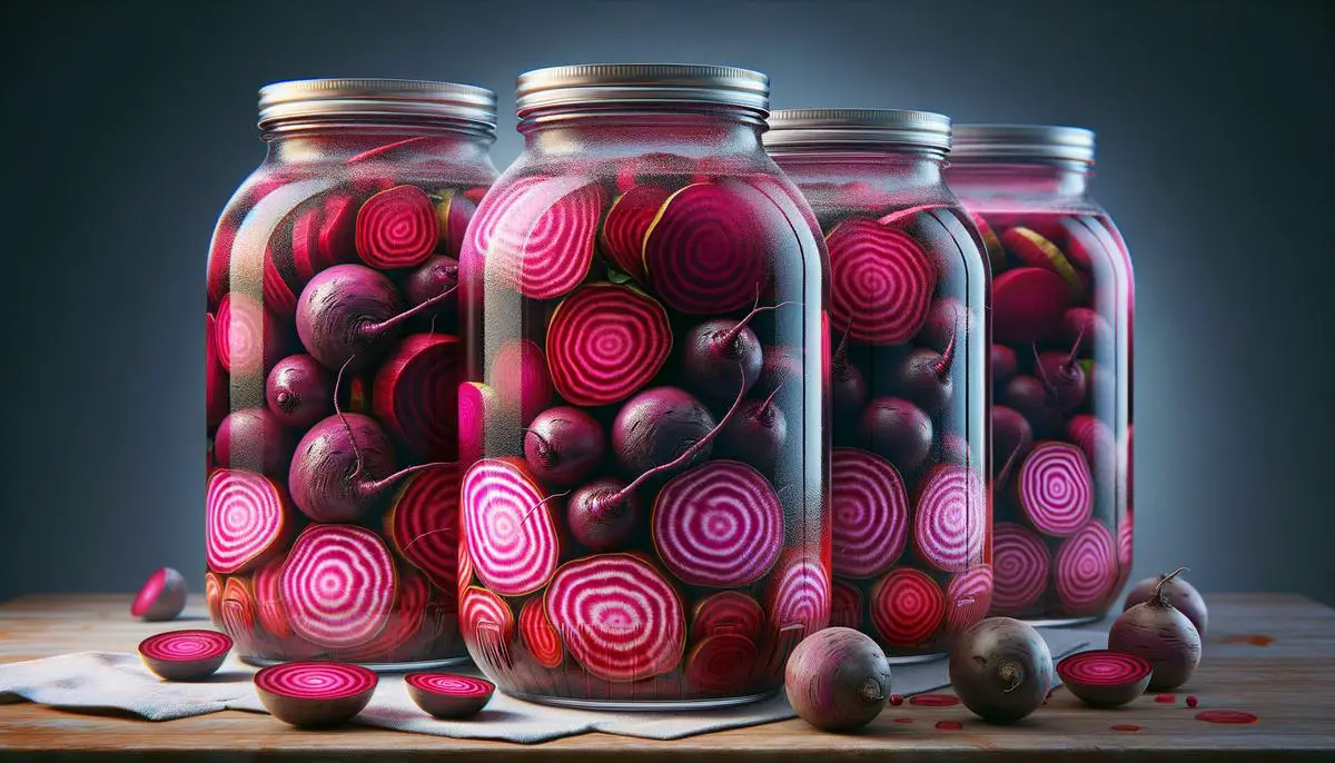 Pickled beets in glass jars on a kitchen countertop