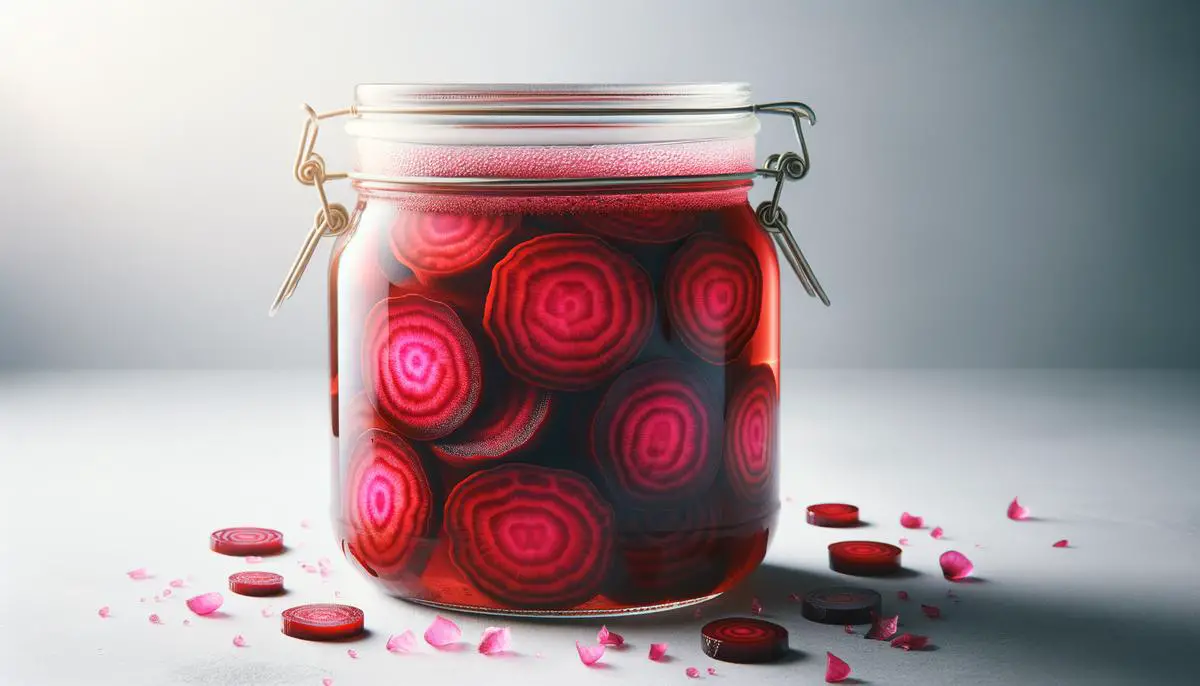A jar filled with pickled beets, showcasing their vibrant color and the pickling liquid surrounding them