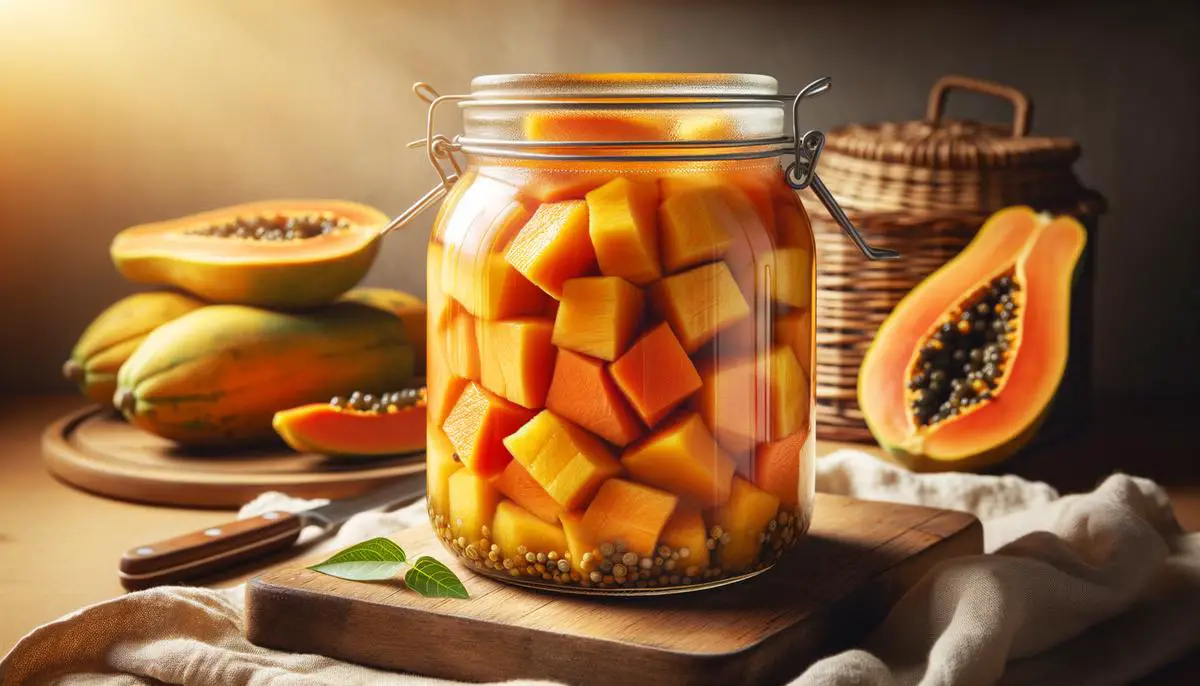A jar of homemade pickled papayas showcasing the perfect balance of tangy and sweet flavors