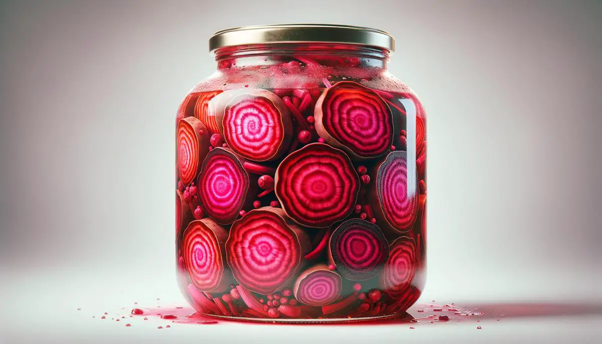 A jar filled with pickled red beets, showcasing the vibrant colors and textures of the beets submerged in the pickling brine