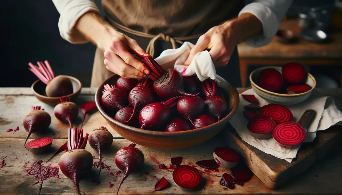Freshly roasted red beets being peeled with a paper towel